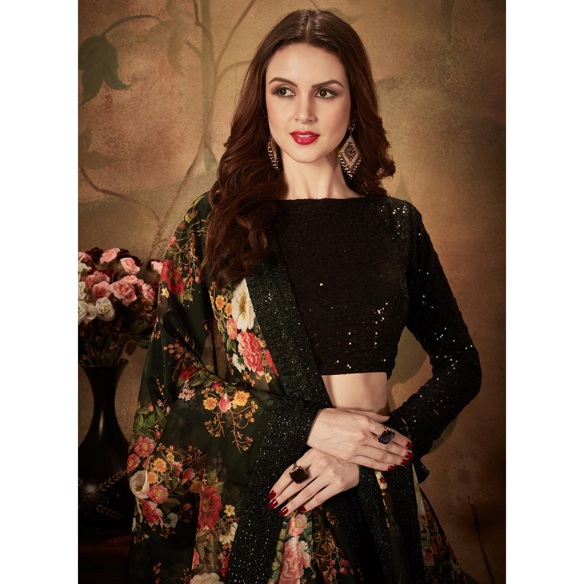 Black Partywear Floral Print With Sequins Embroidery OrganzaLehenga Choli - Peachmode