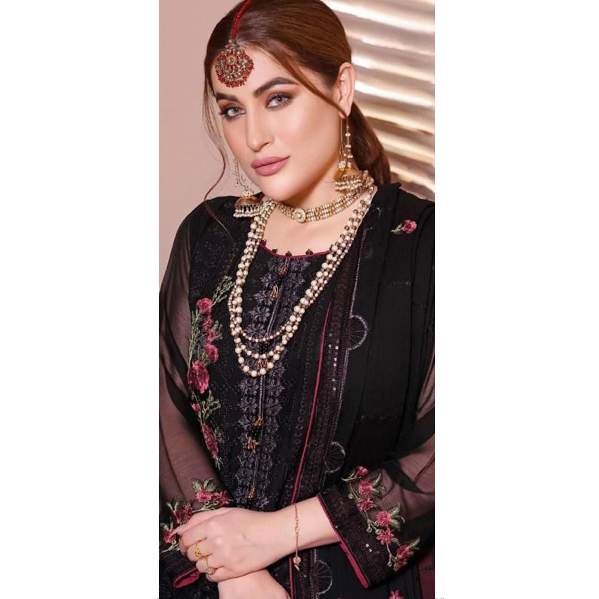 Black Partywear Floral Sequence Embroidered Georgette Pakistani Suit - Peachmode