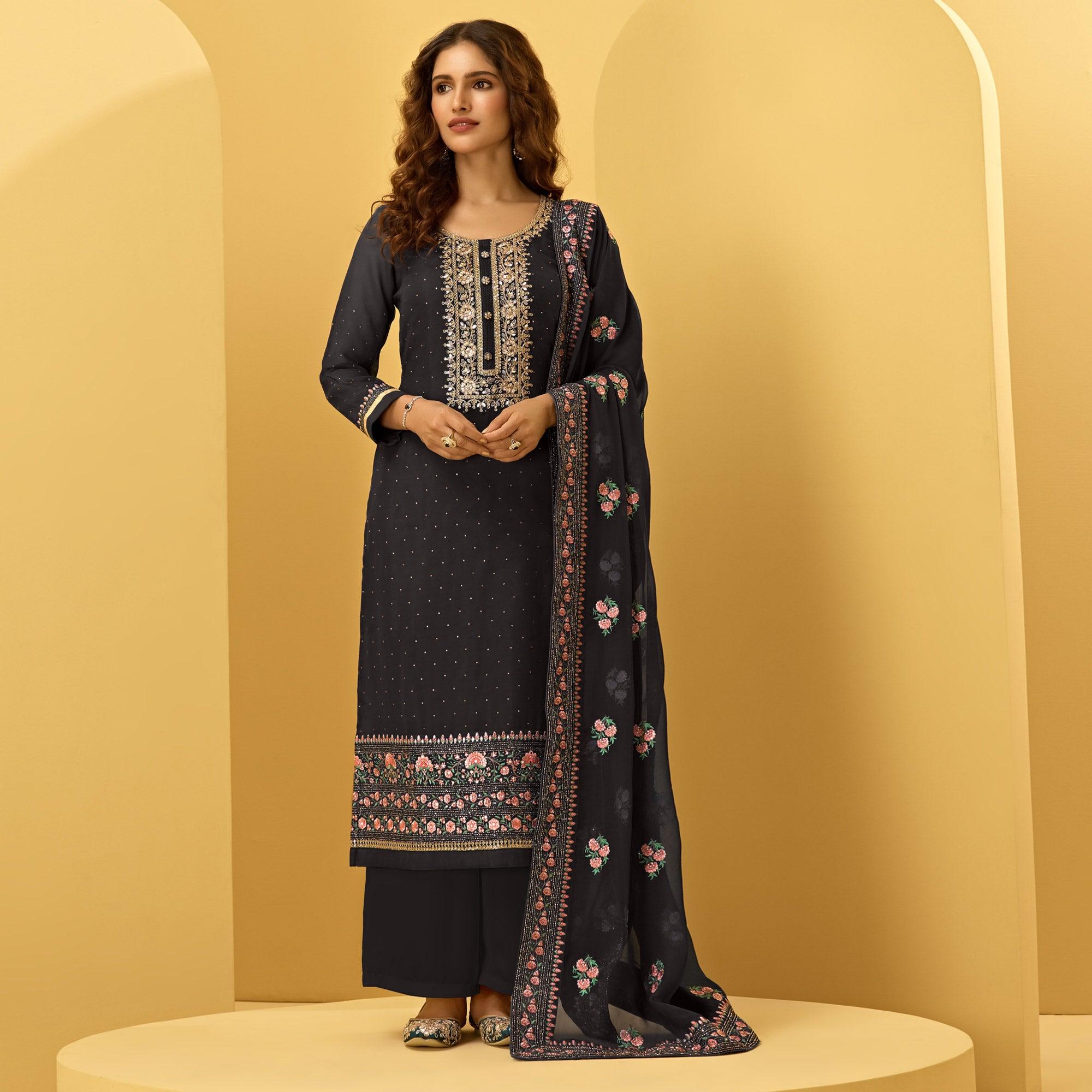 Black Partywear Floral Zari Embroidery With Swarovski Georgette Palazzo Suit - Peachmode