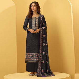 Black Partywear Floral Zari Embroidery With Swarovski Georgette Palazzo Suit - Peachmode