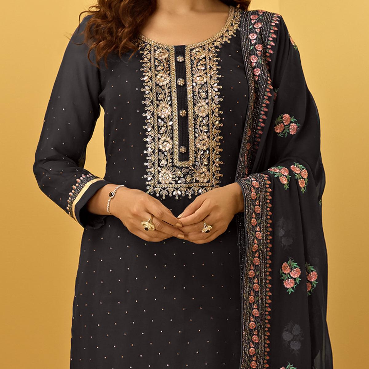 Black Partywear Floral Zari Embroidery With Swarovski Georgette Palazzo Suit - Peachmode