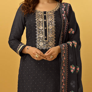 Black Partywear Floral Zari Embroidery With Swarovski Georgette Palazzo Suit - Peachmode