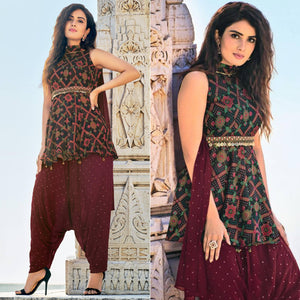Black Partywear Patola Printed Silk Dhoti Suit - Peachmode