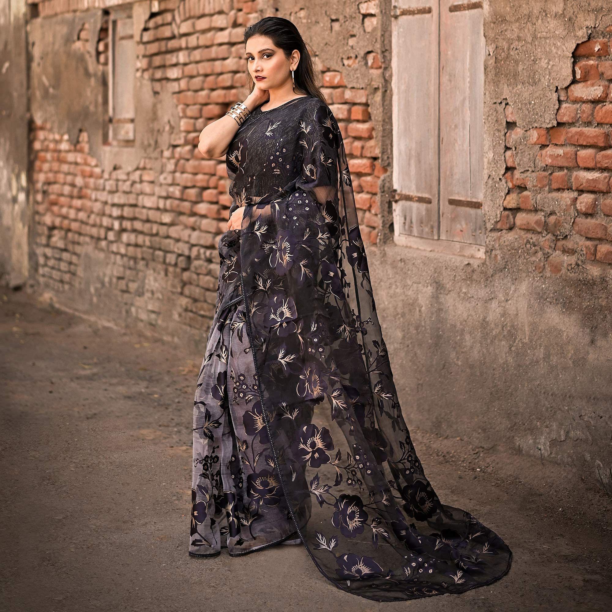 Black Partywear Piping Stone Velvet Zari Organza Saree - Peachmode