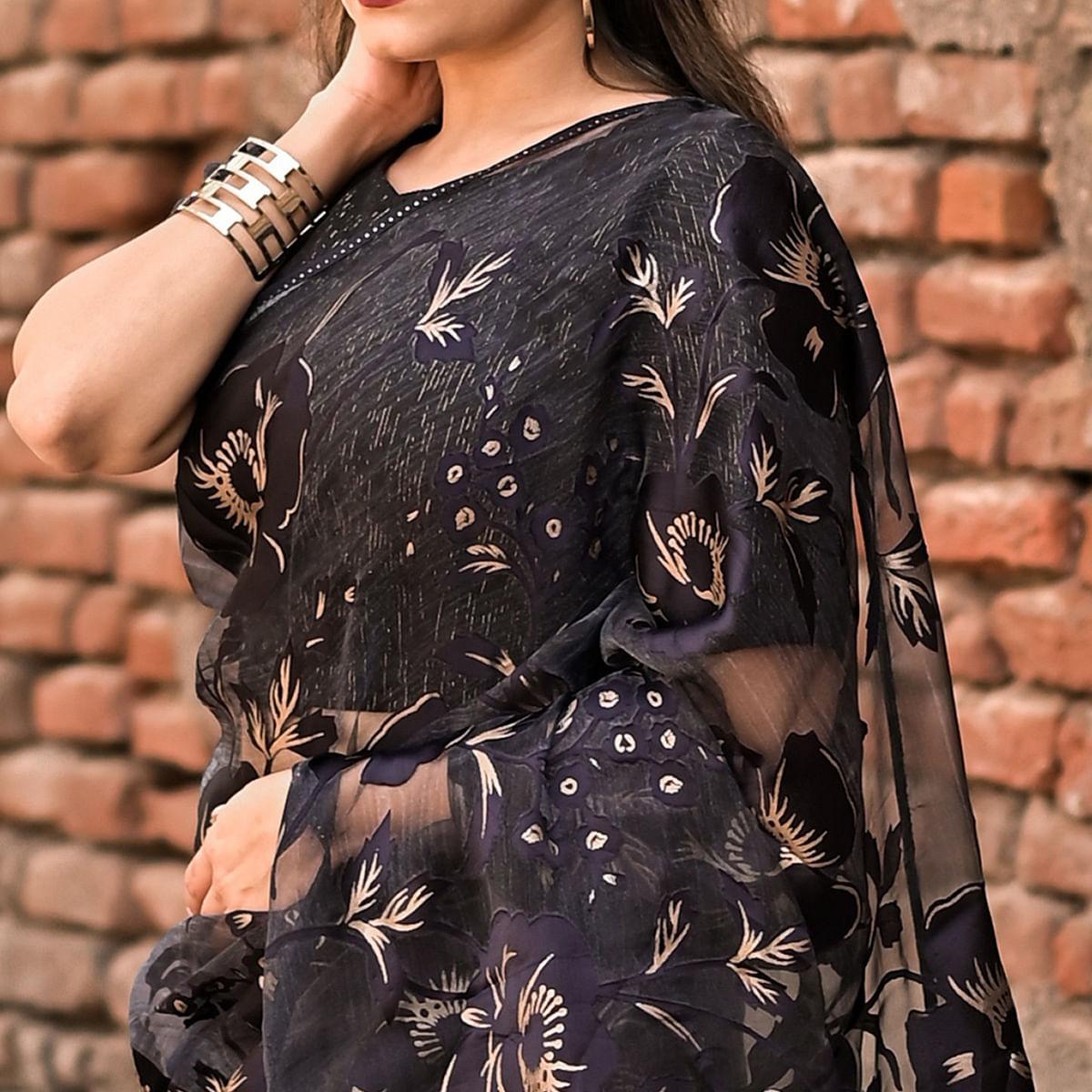 Black Partywear Piping Stone Velvet Zari Organza Saree - Peachmode