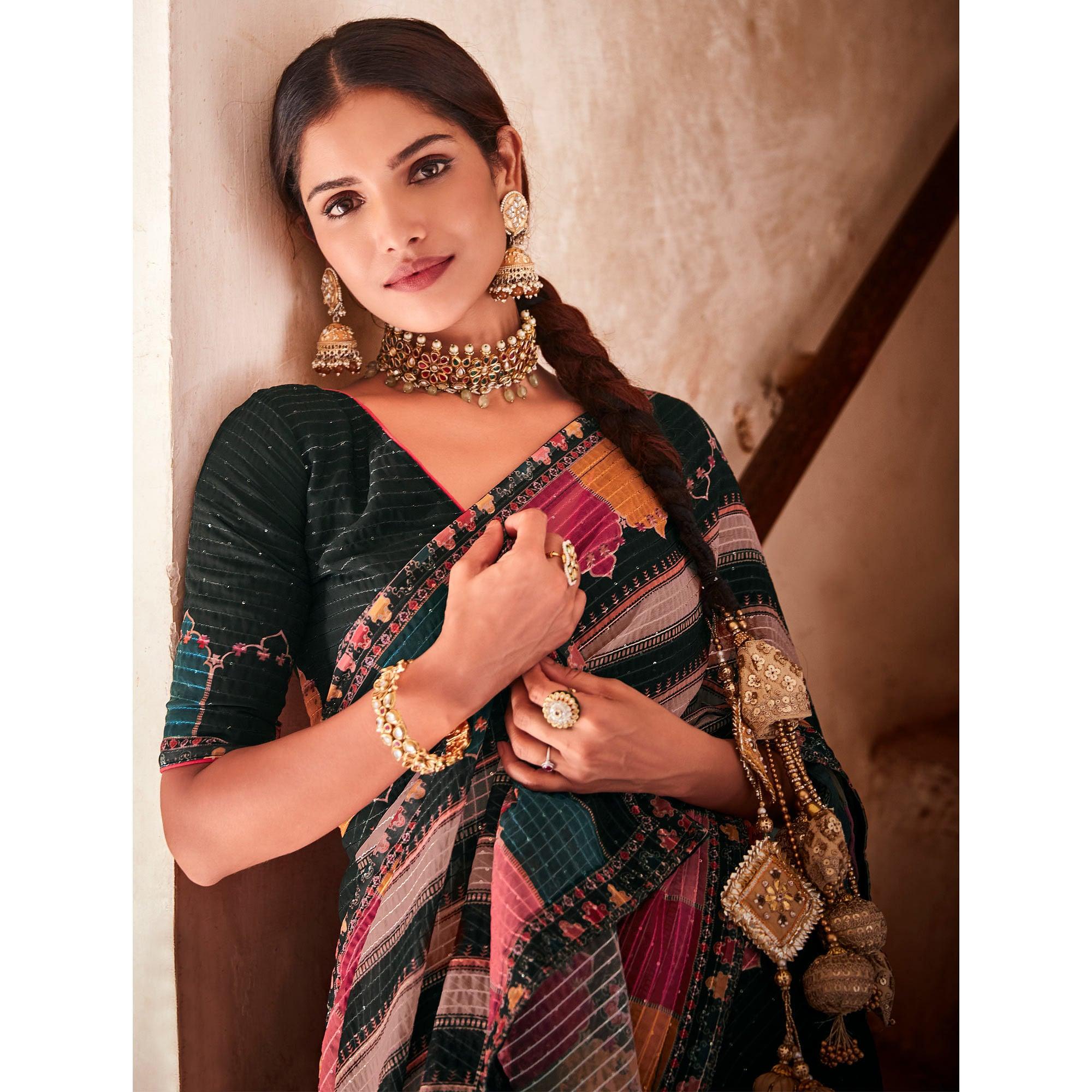 Black Partywear Printed & Sequence Georgette Saree - Peachmode