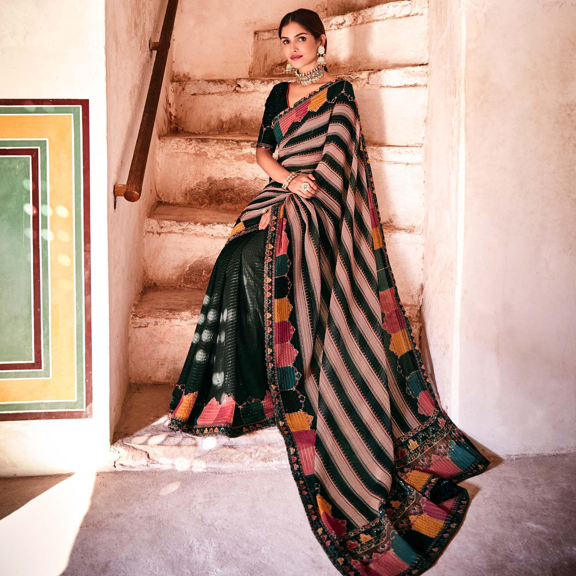 Black Partywear Printed & Sequence Georgette Saree - Peachmode