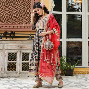 Black Partywear Printed With Lace Work Cotton Silk Sharara Suit - Peachmode