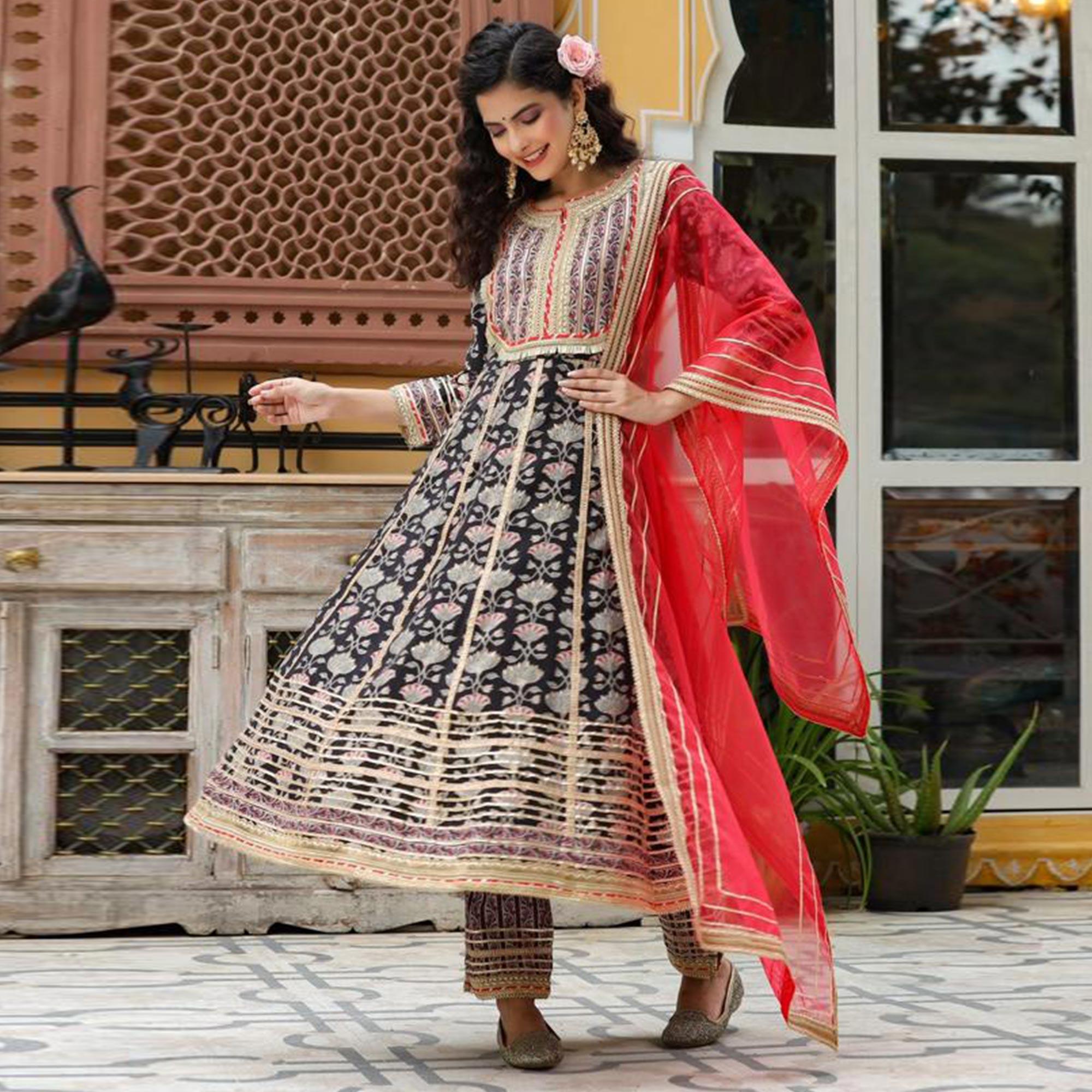 Black Partywear Printed With Lace Work Cotton Silk Sharara Suit - Peachmode