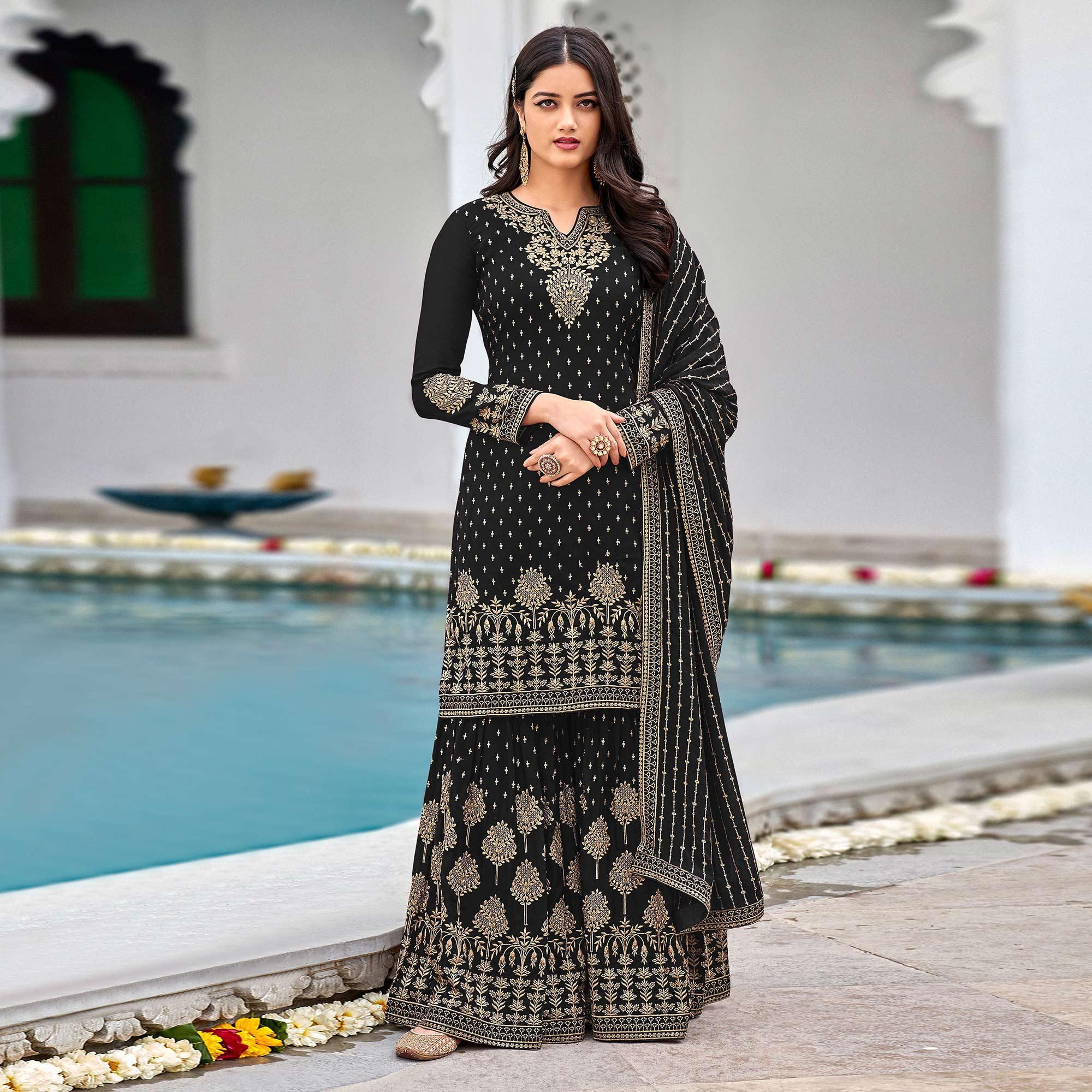 Black Partywear Sequence & Embroidered Faux Georgette Salwar Suit - Peachmode