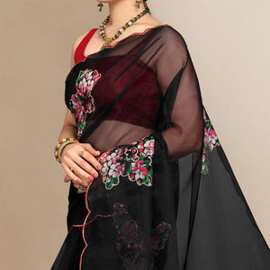 Black Partywear Sequence & Printed Organza Saree - Peachmode