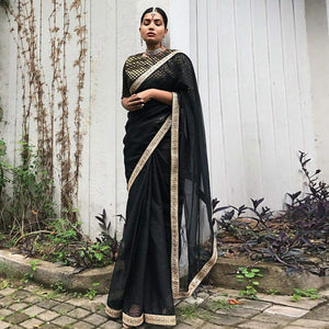 Black Partywear Sequence Embroidered Georgette Saree - Peachmode