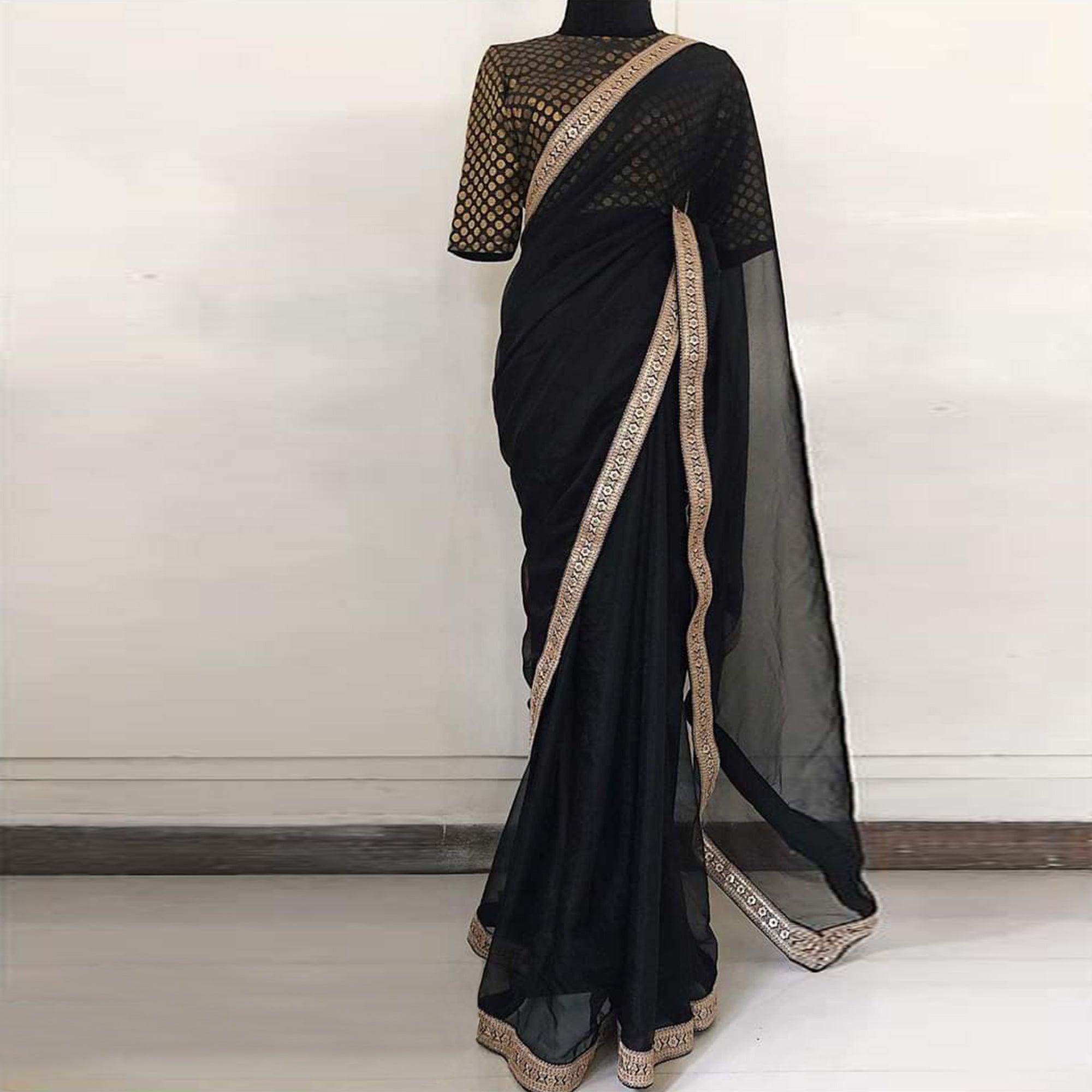 Black Partywear Sequence Embroidered Georgette Saree - Peachmode