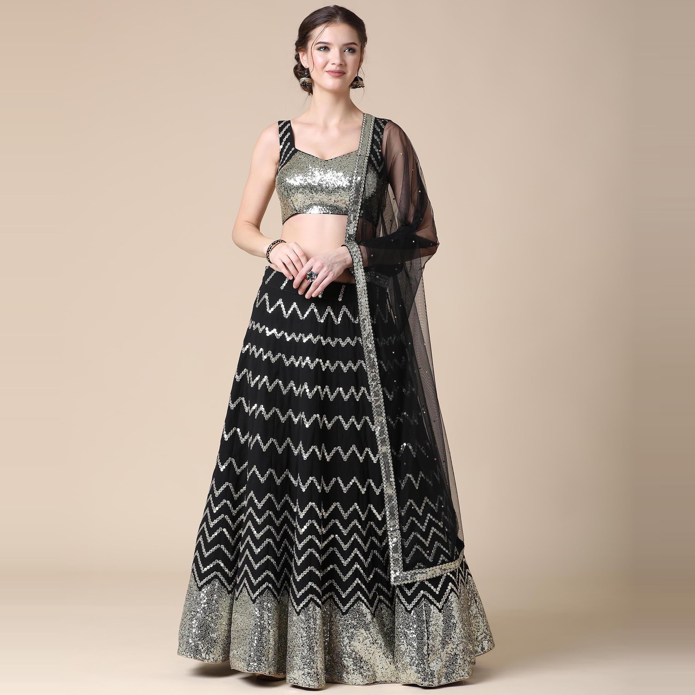 Black Partywear Sequence Embroidered Heavy Georgette Lehenga - Peachmode