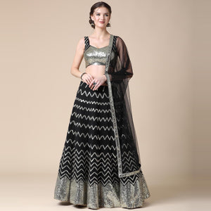 Black Partywear Sequence Embroidered Heavy Georgette Lehenga - Peachmode