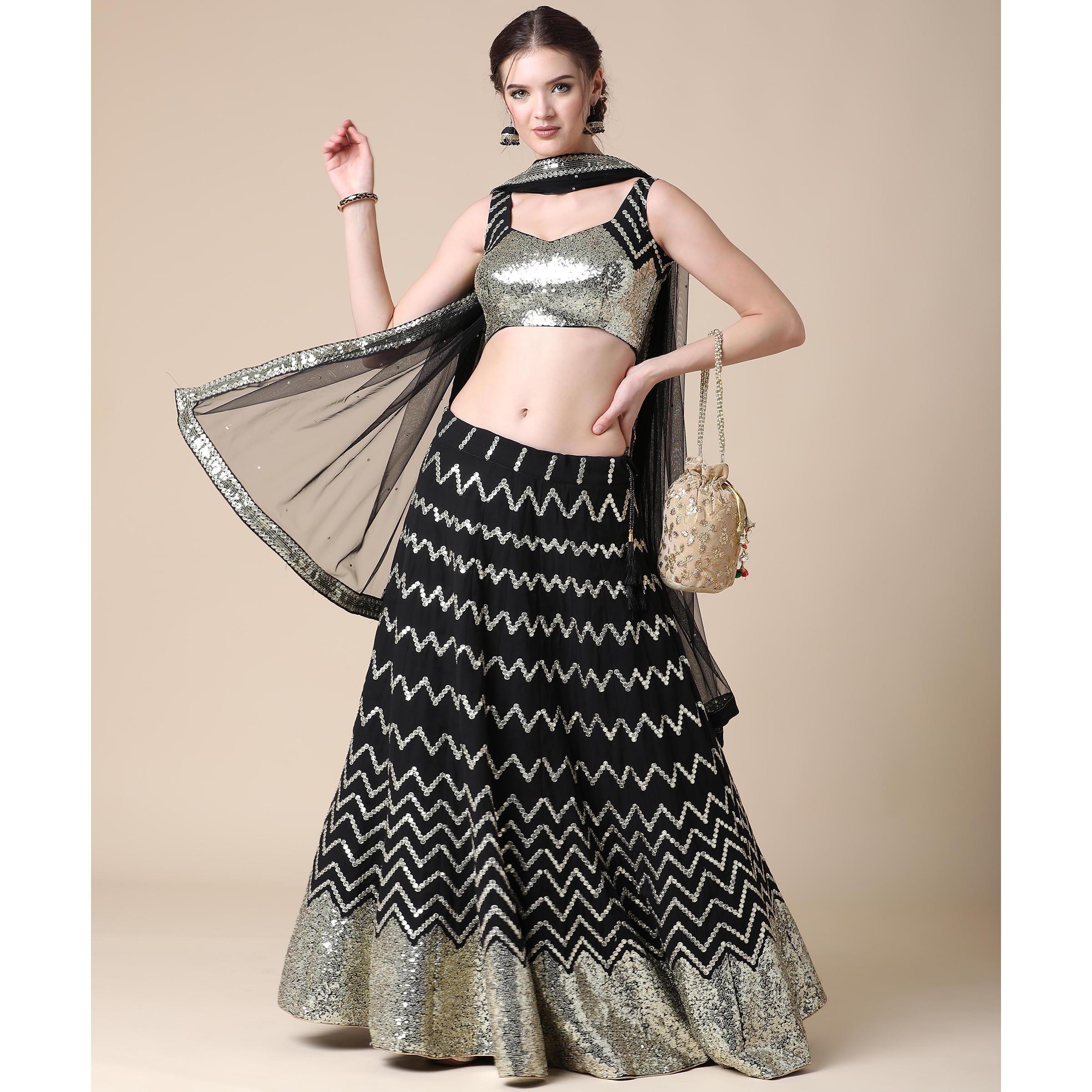 Black Partywear Sequence Embroidered Heavy Georgette Lehenga - Peachmode