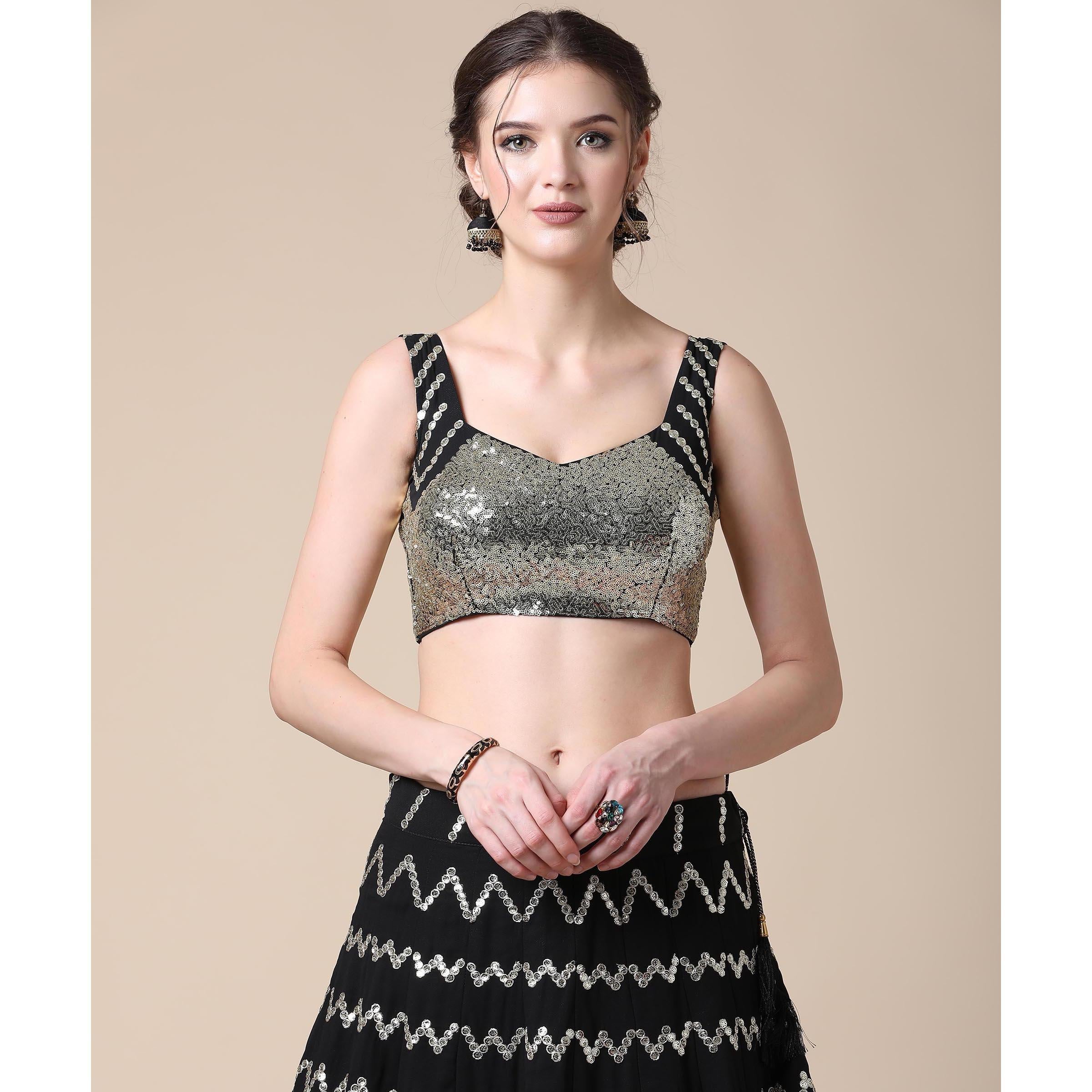 Black Partywear Sequence Embroidered Heavy Georgette Lehenga - Peachmode