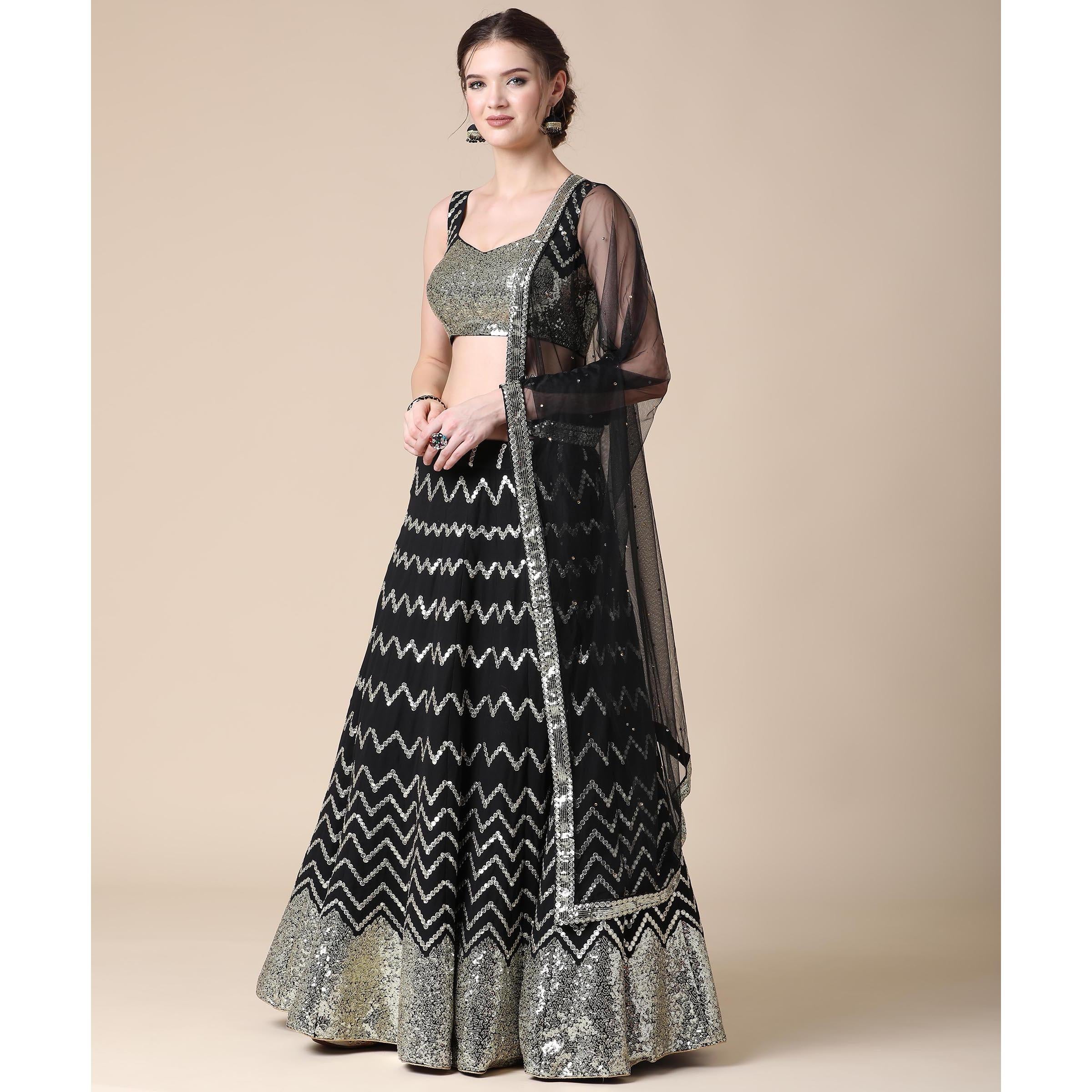 Black Partywear Sequence Embroidered Heavy Georgette Lehenga - Peachmode