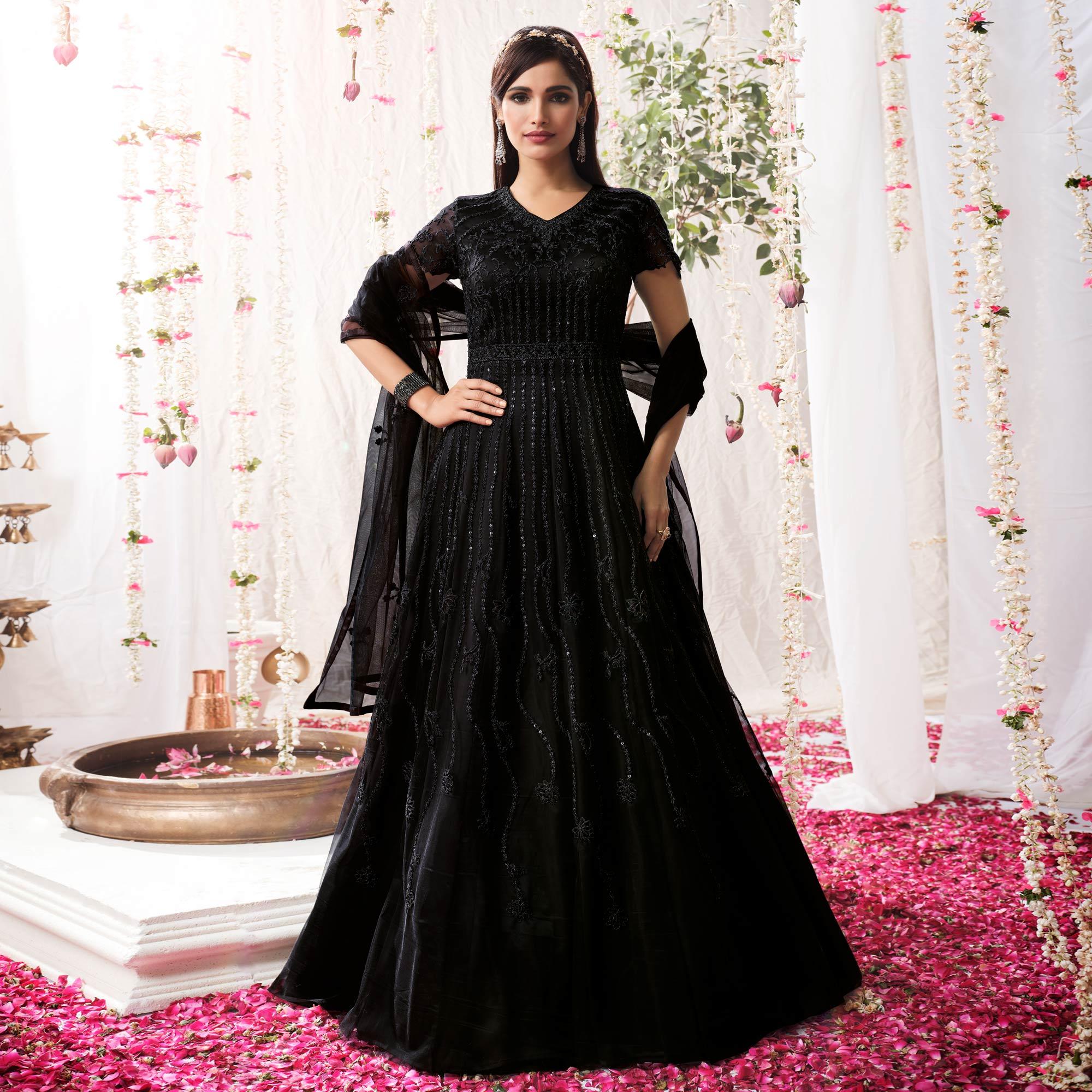 Black Partywear Sequence Embroidered Net Gown - Peachmode