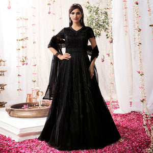 Black Partywear Sequence Embroidered Net Gown - Peachmode