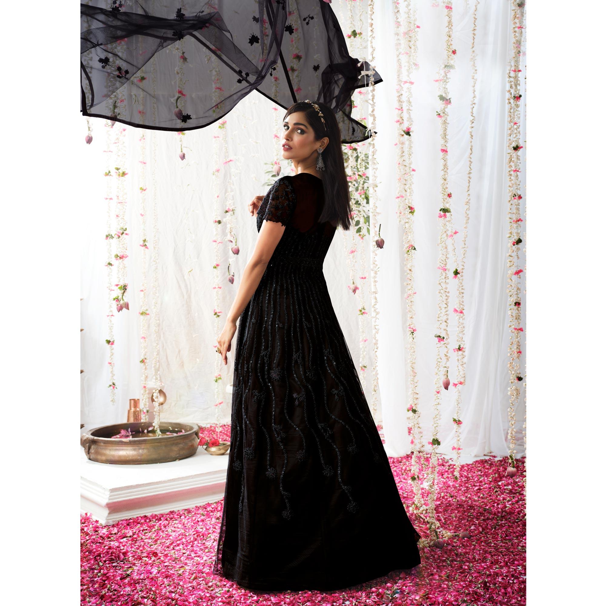 Black Partywear Sequence Embroidered Net Gown - Peachmode
