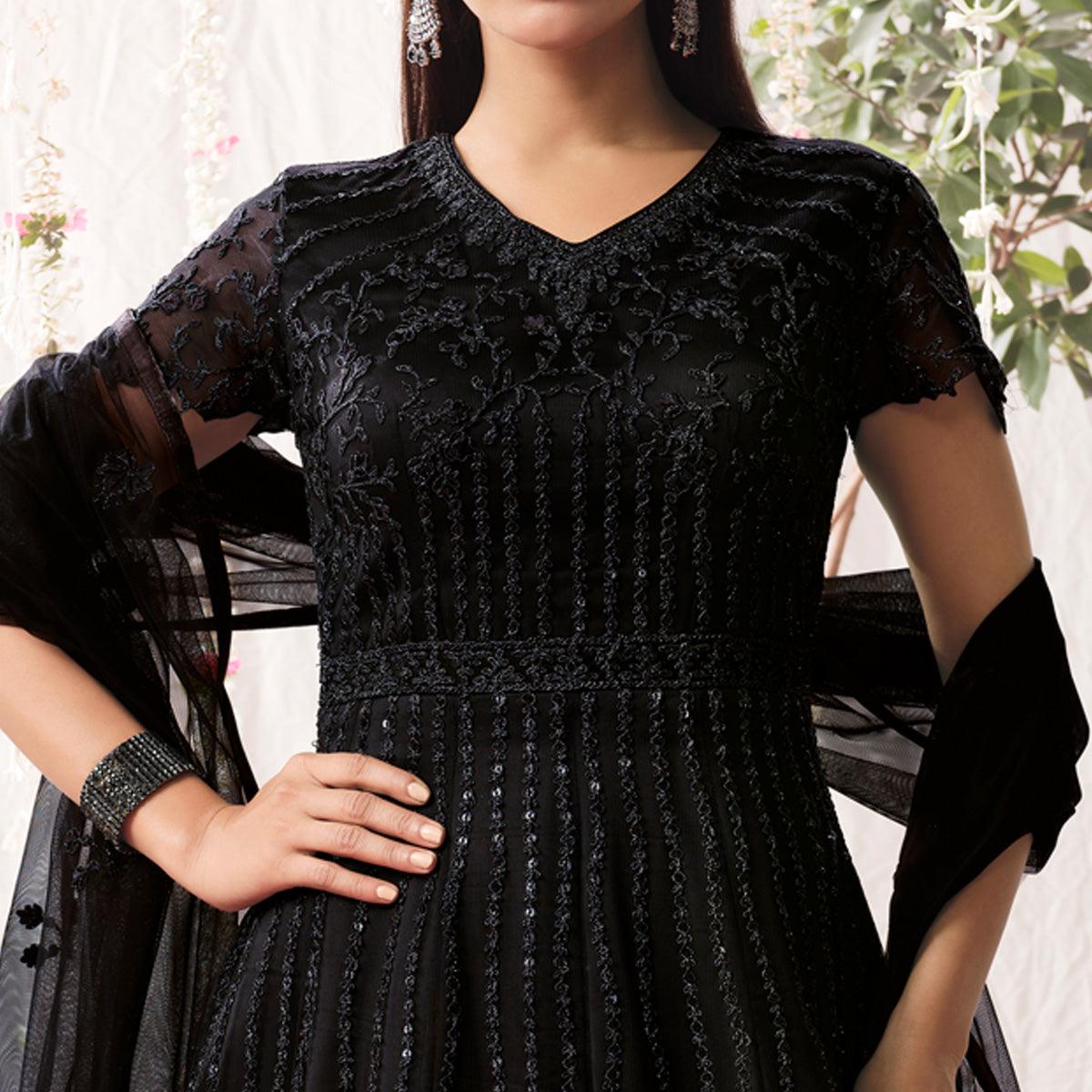 Black Partywear Sequence Embroidered Net Gown - Peachmode