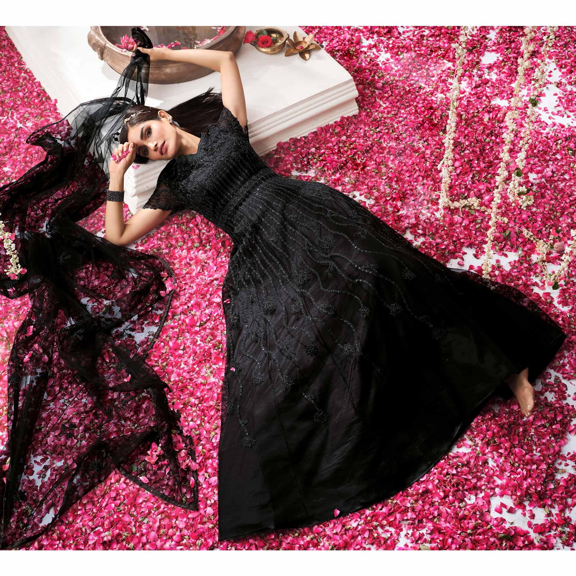 Black Partywear Sequence Embroidered Net Gown - Peachmode