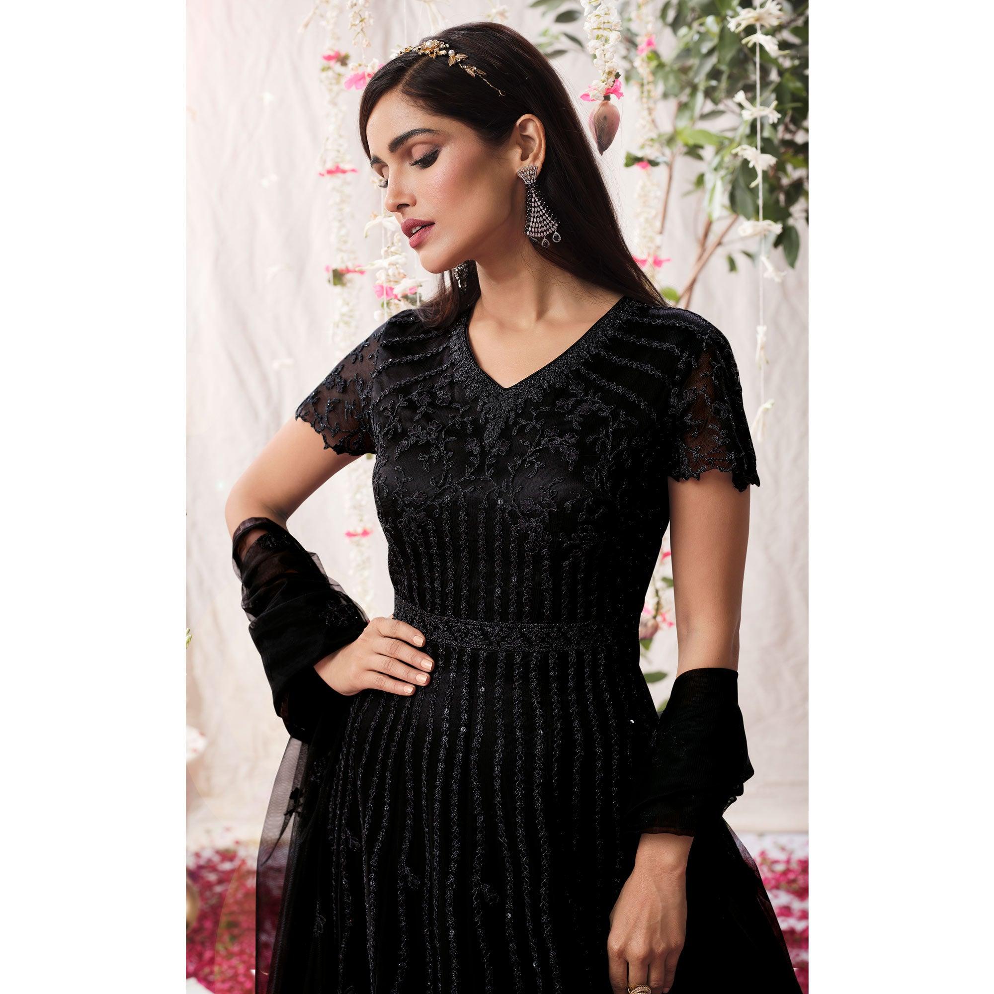 Black Partywear Sequence Embroidered Net Gown - Peachmode