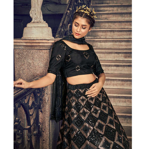 Black Partywear Sequence Embroidered Net Lehenga Choli - Peachmode