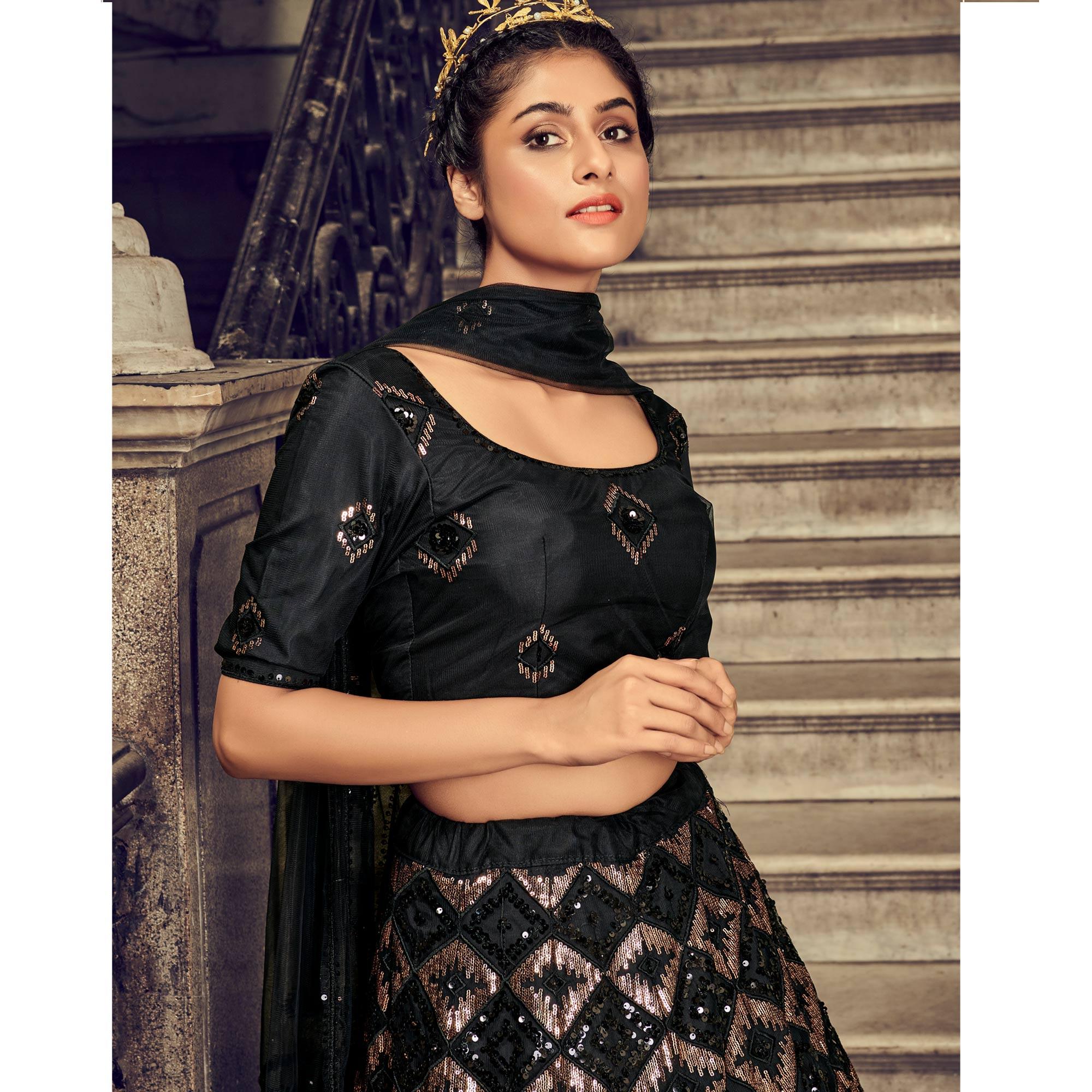Black Partywear Sequence Embroidered Net Lehenga Choli - Peachmode