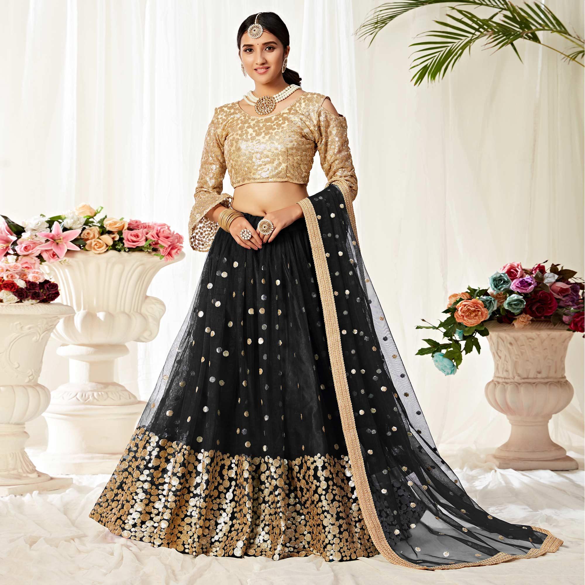 Black Partywear Sequined Embroidered Net Lehenga Choli - Peachmode