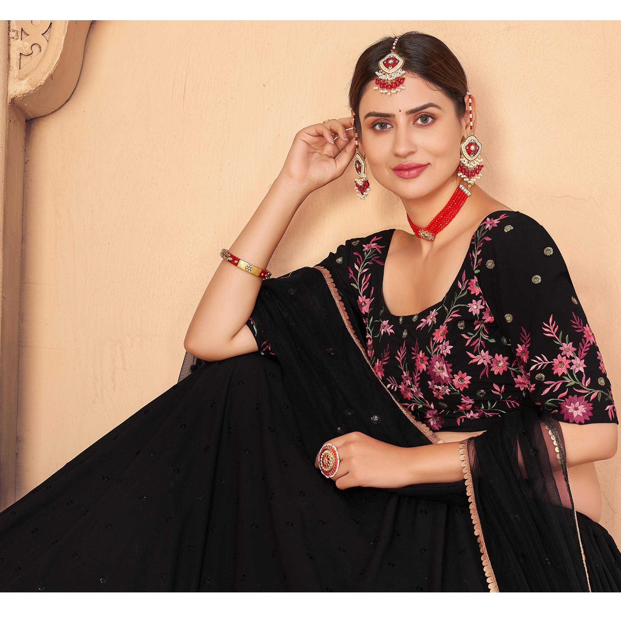 Black Partywear Thread With Sequence Floral Embroidered Georgette Lehenga Choli - Peachmode