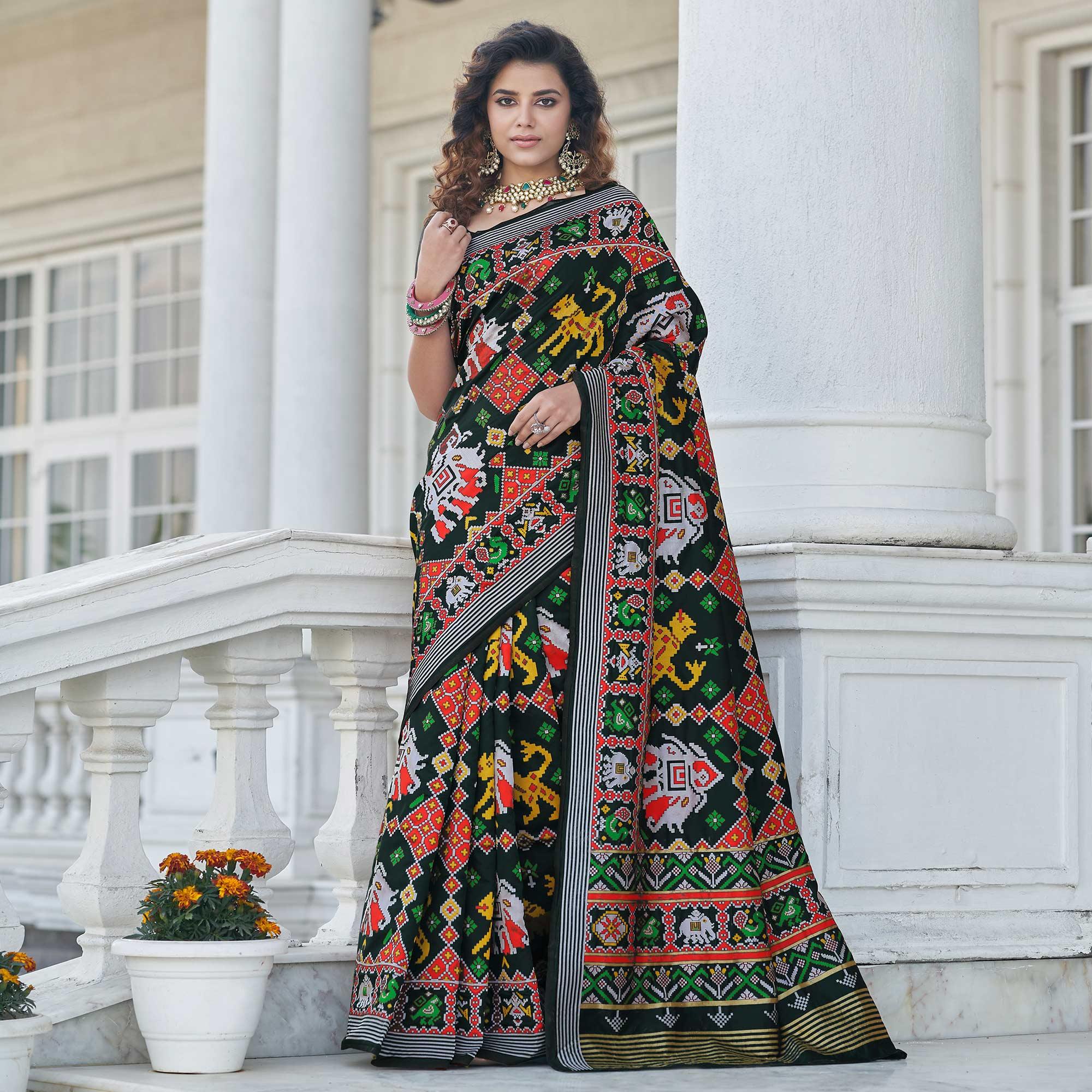 Black Patola Printed Art Silk Saree - Peachmode