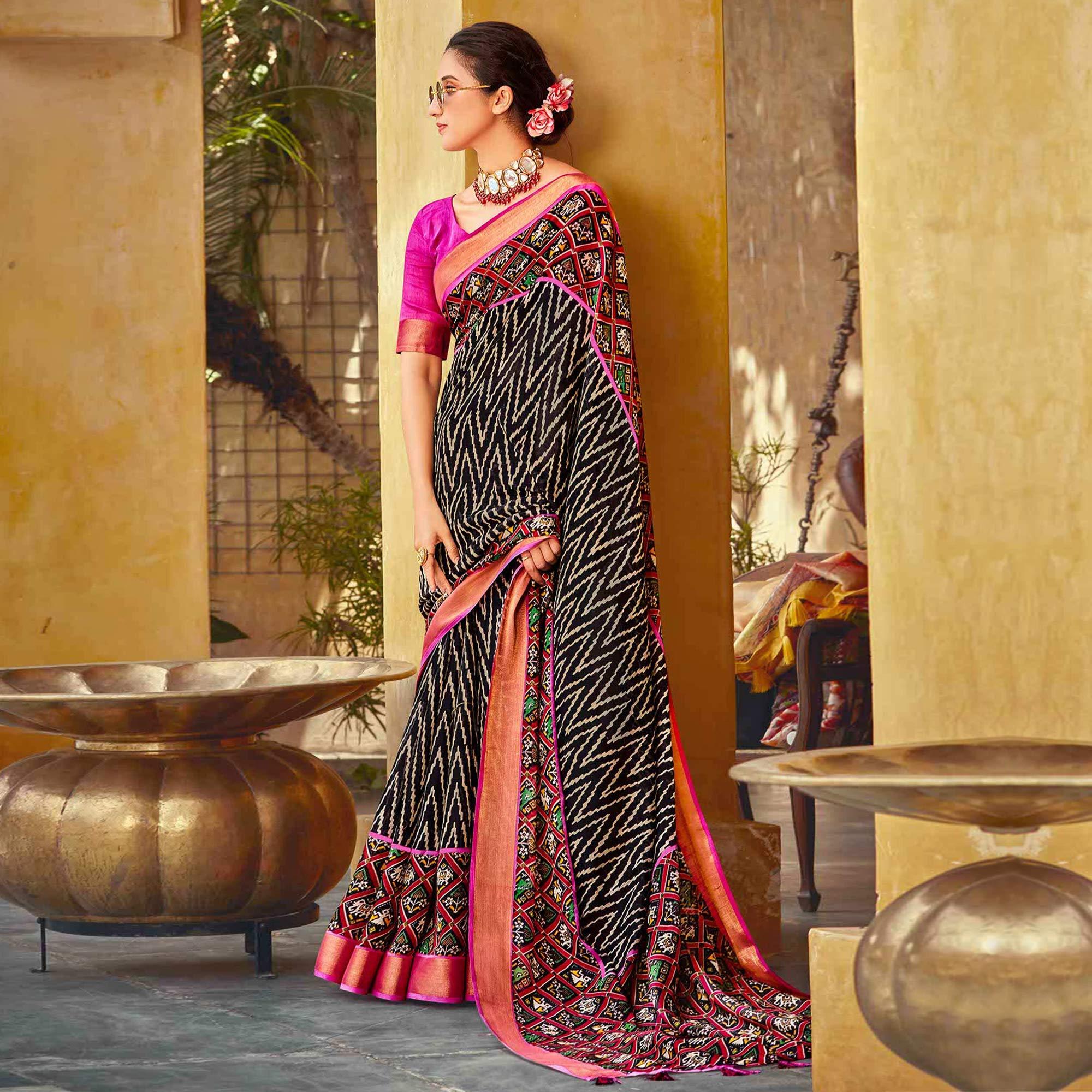 Black Patola Printed Linen Saree - Peachmode