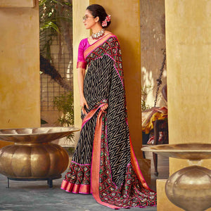 Black Patola Printed Linen Saree - Peachmode