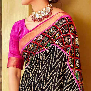 Black Patola Printed Linen Saree - Peachmode