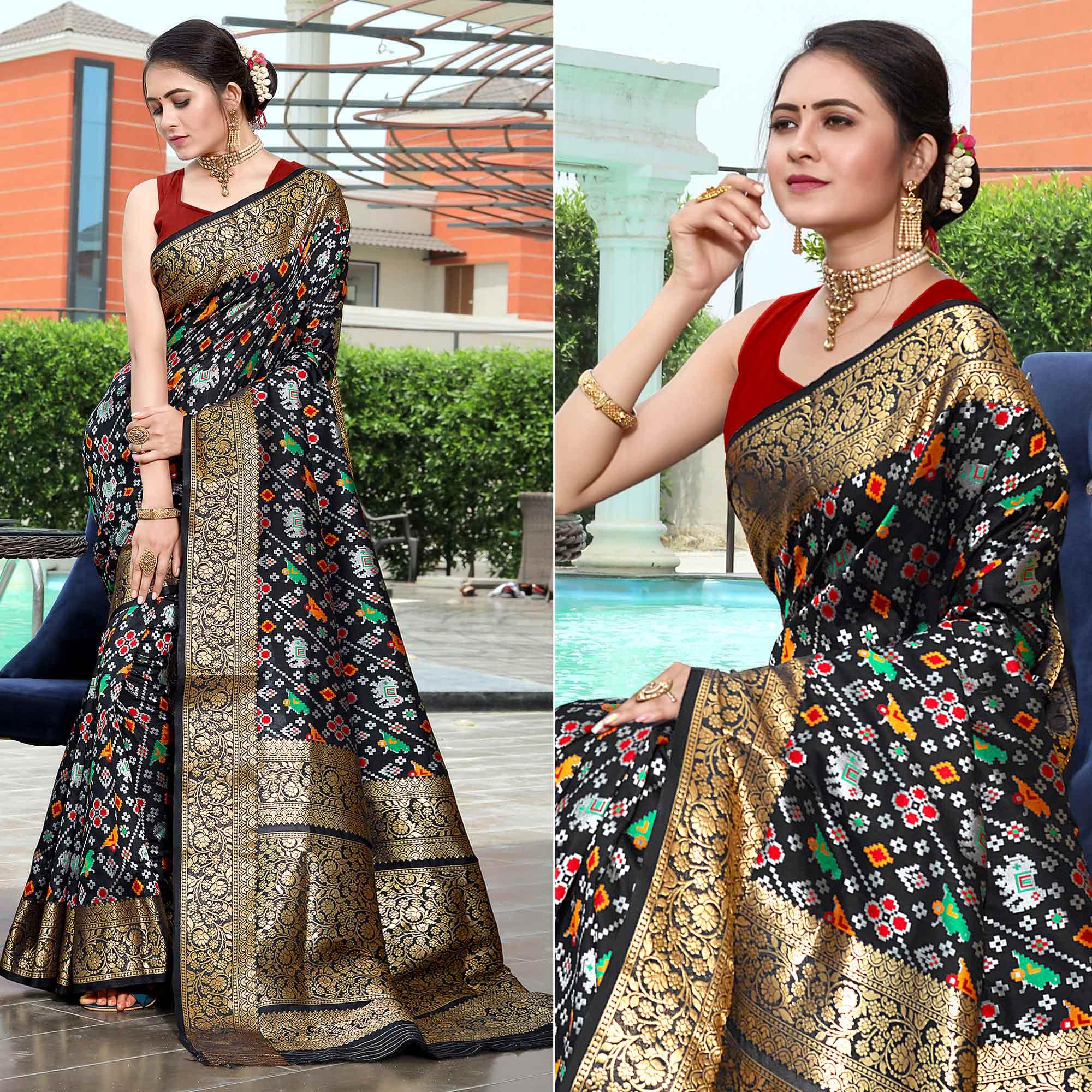 Black Patola Printed With Woven Border Banarasi Silk Saree - Peachmode