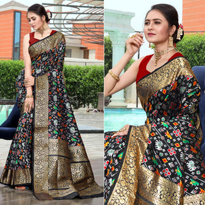 Black Patola Printed With Woven Border Banarasi Silk Saree - Peachmode