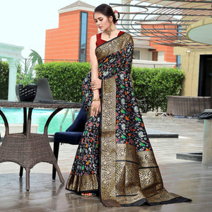 Black Patola Printed With Woven Border Banarasi Silk Saree - Peachmode