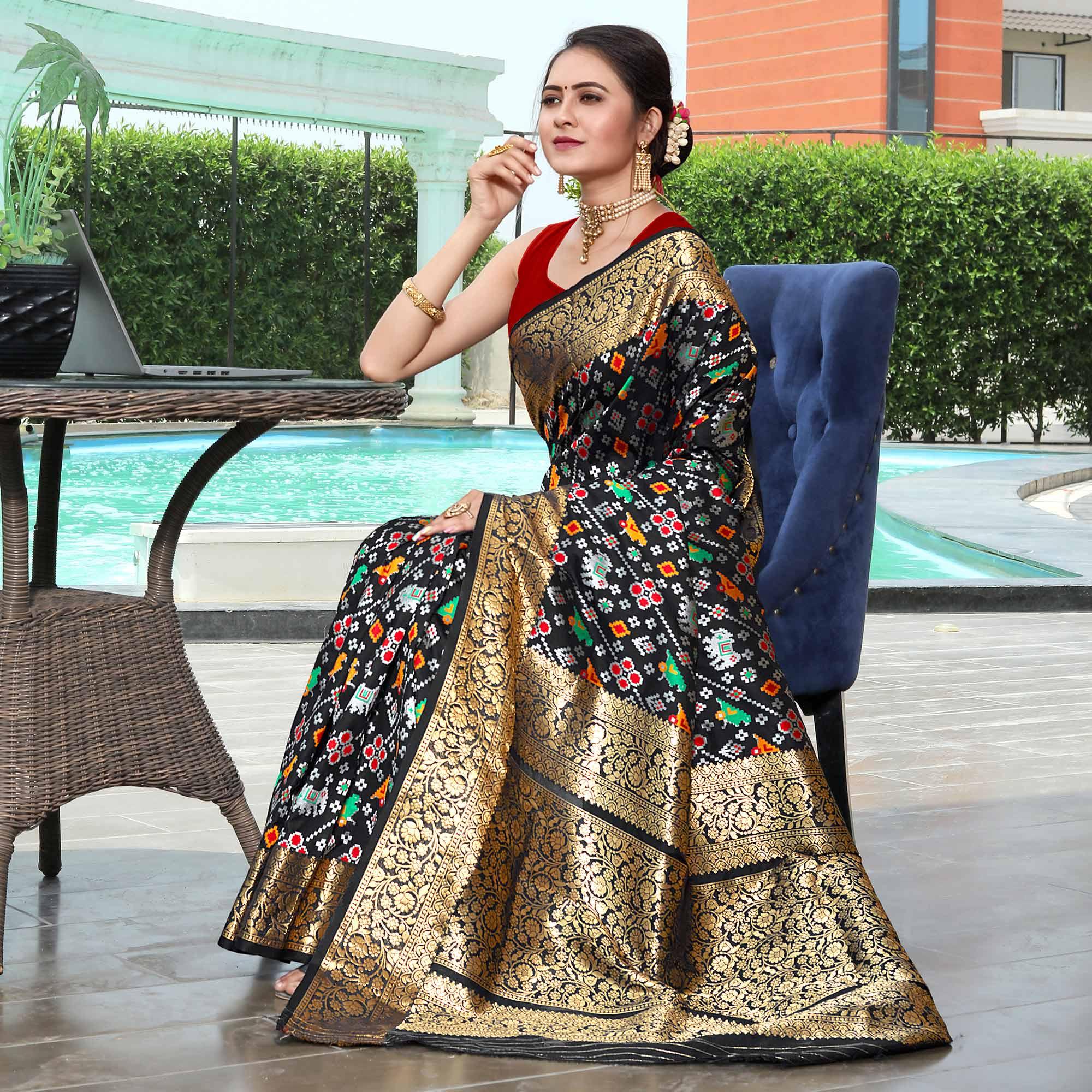 Black Patola Printed With Woven Border Banarasi Silk Saree - Peachmode