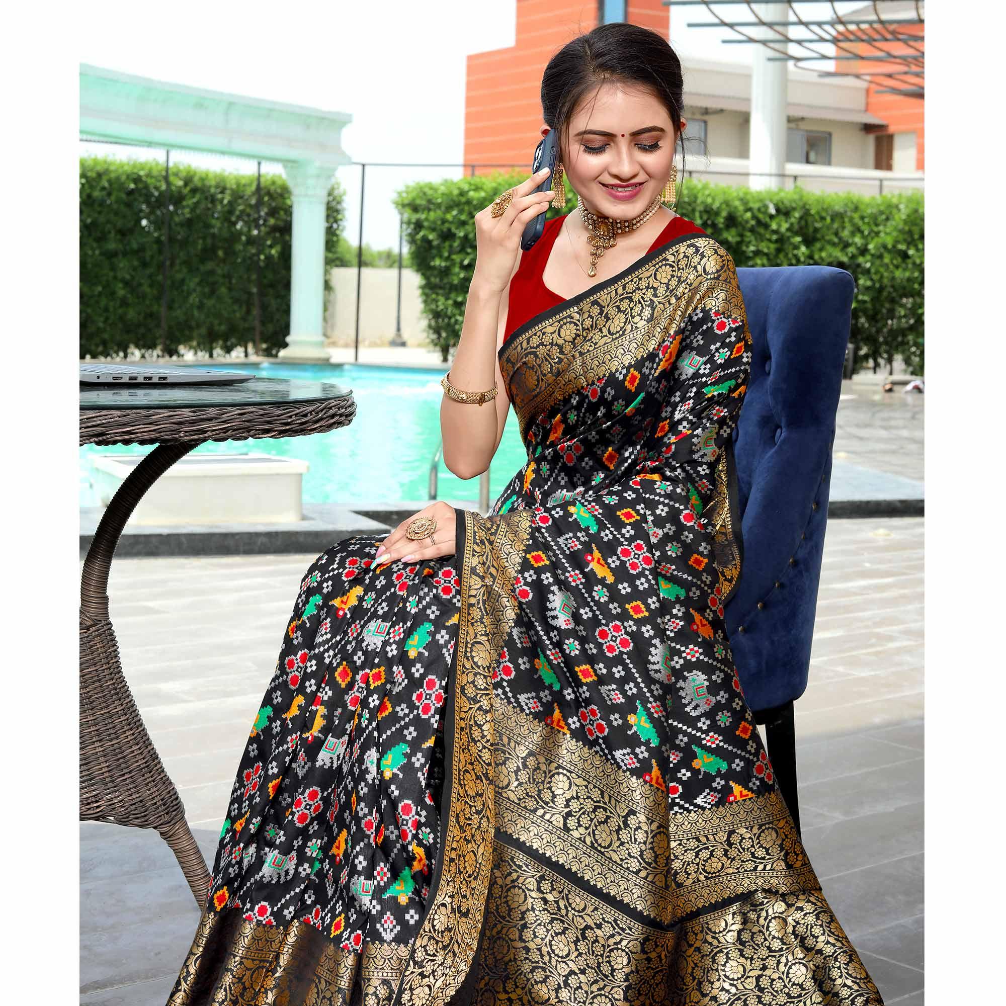 Black Patola Printed With Woven Border Banarasi Silk Saree - Peachmode