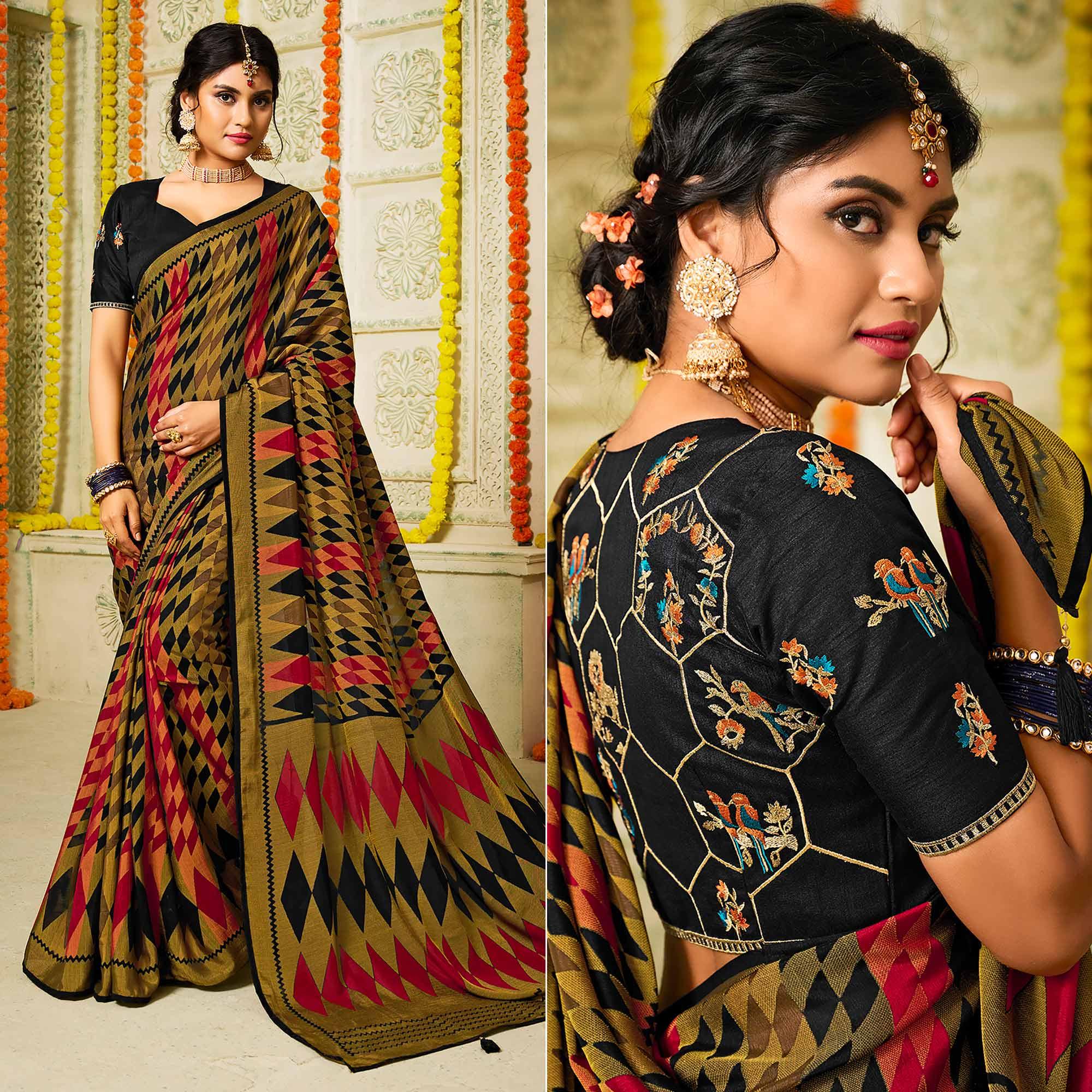 Black-Pink Geometric Printed Brasso Saree With Tassels - Peachmode