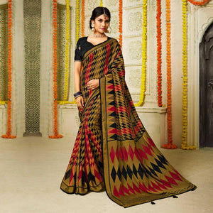 Black-Pink Geometric Printed Brasso Saree With Tassels - Peachmode