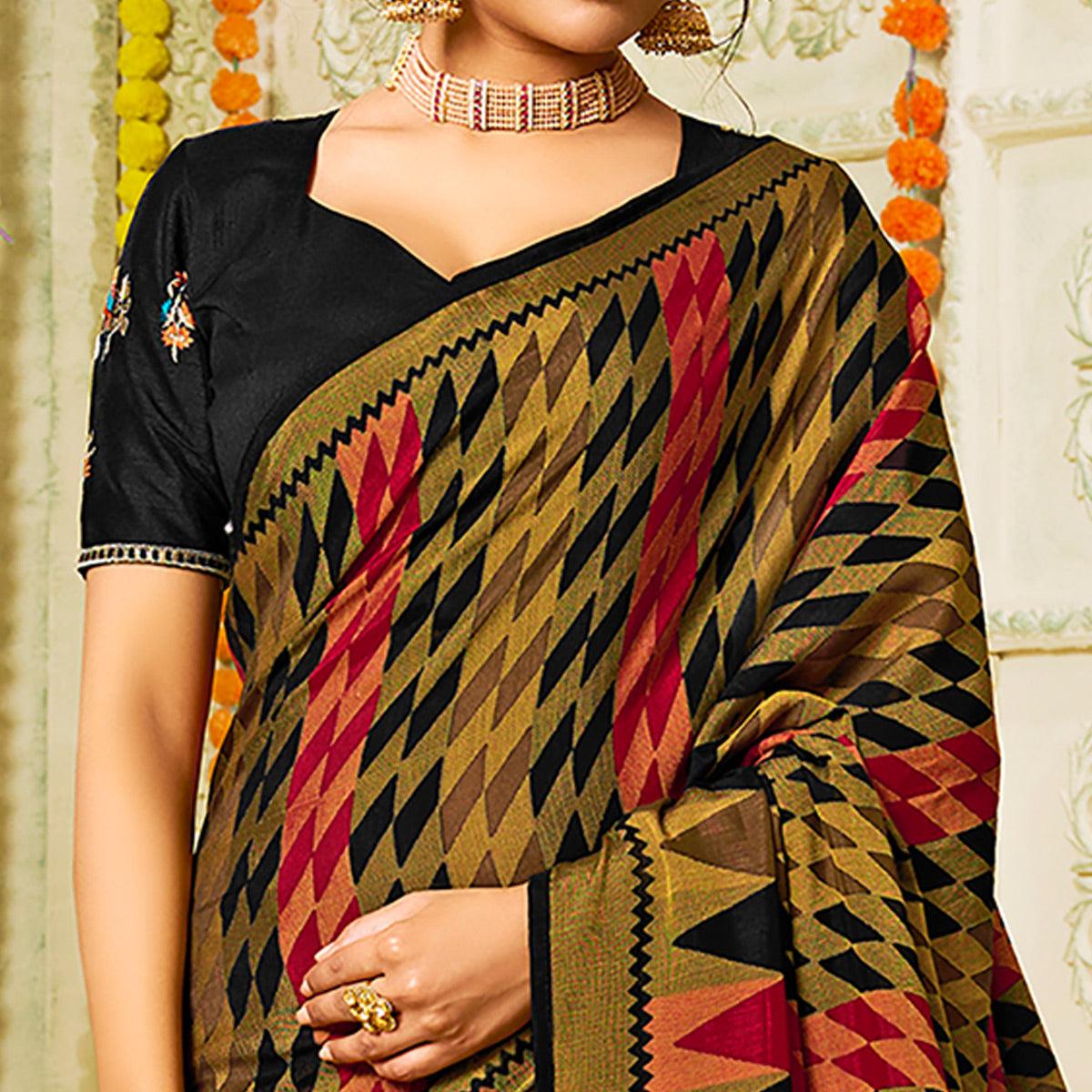 Black-Pink Geometric Printed Brasso Saree With Tassels - Peachmode