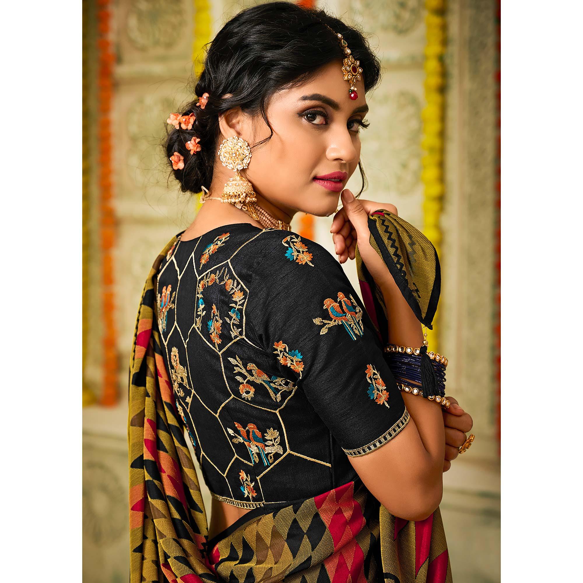 Black-Pink Geometric Printed Brasso Saree With Tassels - Peachmode