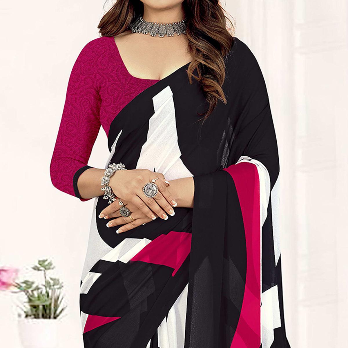 Black-Pink Geometric Printed Georgette Saree - Peachmode