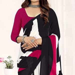 Black-Pink Geometric Printed Georgette Saree - Peachmode