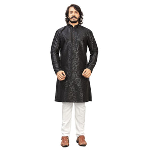 Black Printed Art Silk Men's Kurta Pyjama Set - Peachmode