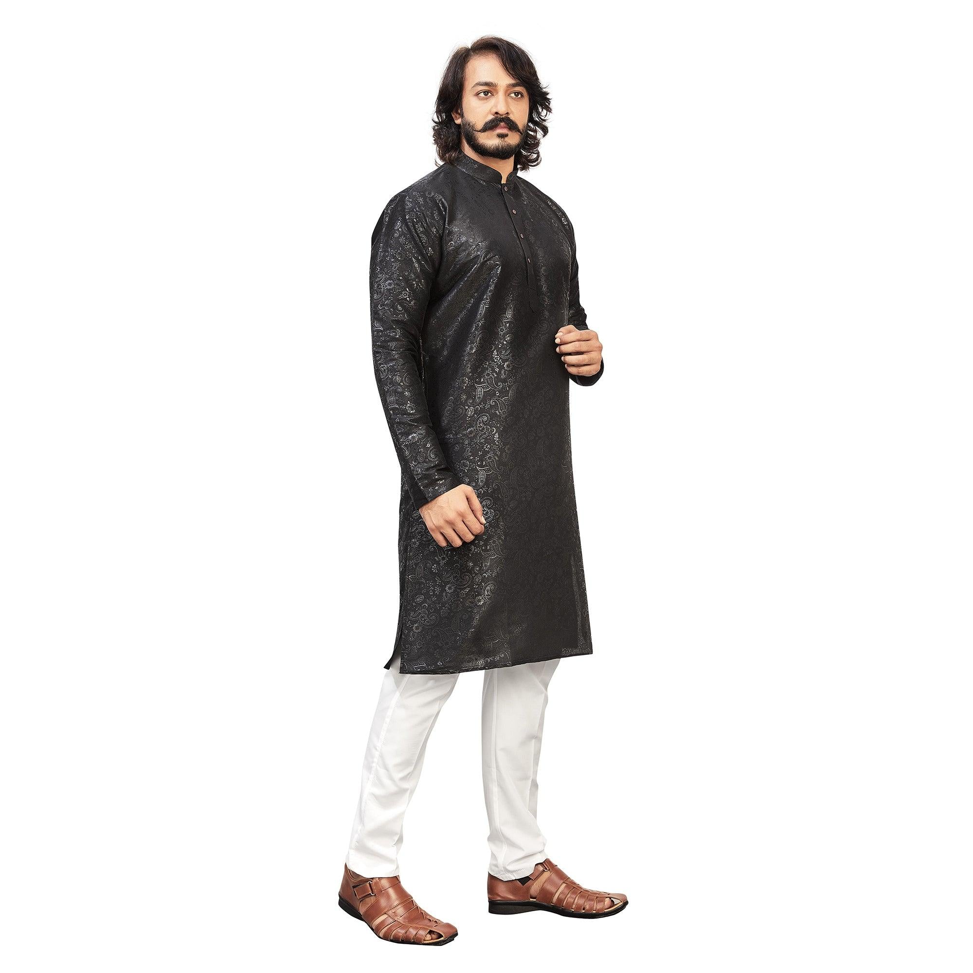 Black Printed Art Silk Men's Kurta Pyjama Set - Peachmode