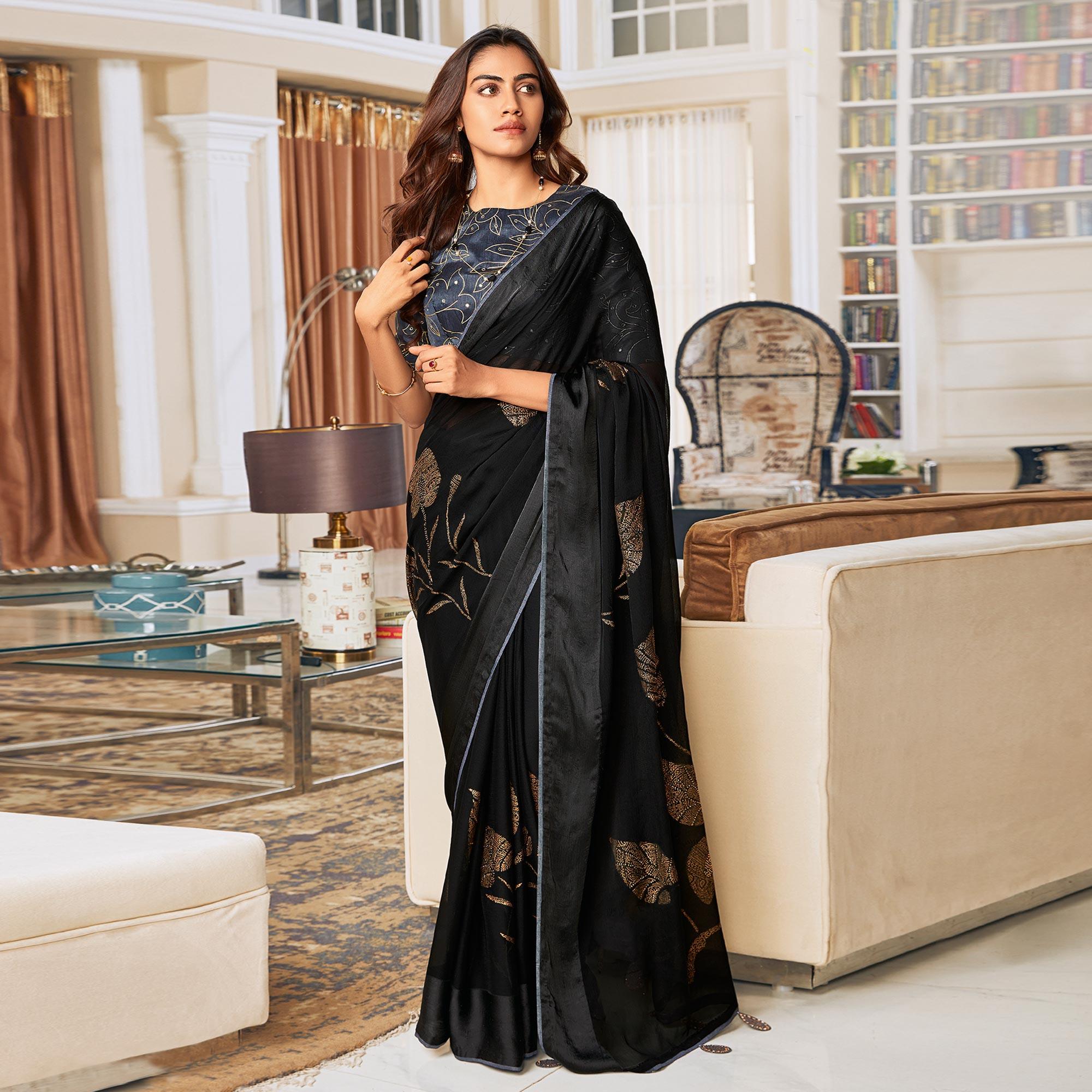 Black Printed Art Silk Saree With Tassels - Peachmode